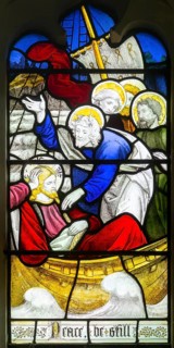 Detail stained glass window of Christ's life, Burlison & Grylls c 1880, Kelsale church, Suffolk,