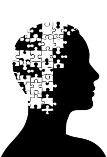 Human head silhouette made from puzzle pieces, isolated on a pure background, AI generated