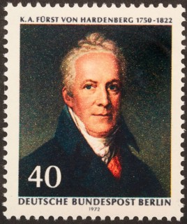 Karl August von Hardenberg (1750-1822), a Prussian statesman. Portrait on a German stamp