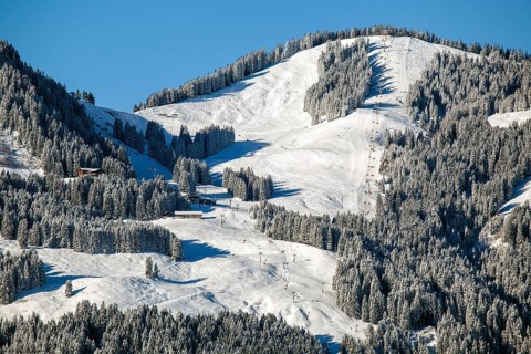 Snow-covered winter landscape, view of the skiing area at Bolsterlanger Horn, Bolsterlang,