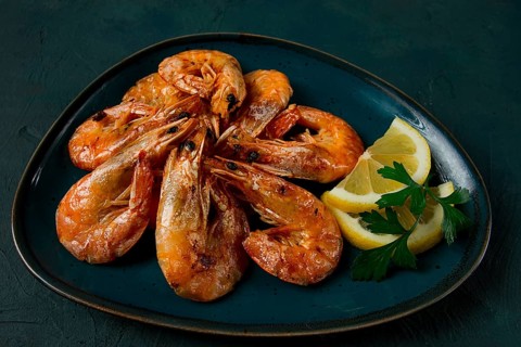 Fried with spices, King prawns, undivided, top view, selective focus, seafood, shrimp, no people