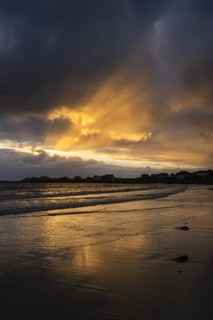 Landscape on the Lofoten Islands. The village of Ramberg, with the sea and the sandy beach