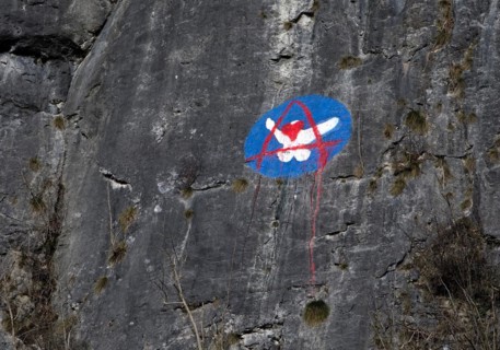Steep rock face made of mass limestone with painting, Hönnetal, Balve, Sauerland, North