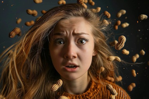 Scared woman surrounded by peanuts in front of dark background. Generative Ai, AI generated