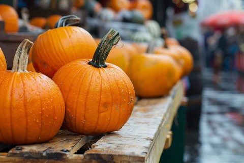 Many orange pumpkins on wooden racks at market. Generative Ai, AI generated