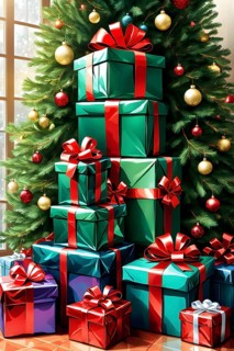 Abstract illustration of wrapped Christmas gifts, shiny ribbons and bows, stacked under a evergreen