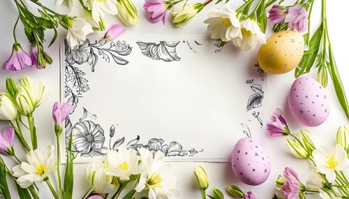 Easter card with delicate hand-drawn illustrations, placed among fresh flowers and decorated eggs,