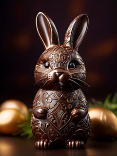 Easter bunny figurine made of chocolate, with a soft focus on intricate patterns and glossy