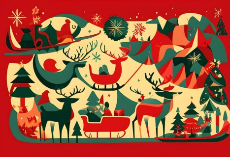 Whimsical abstract scene with stylized reindeer and sleighs to capture the magic of Christmas, AI