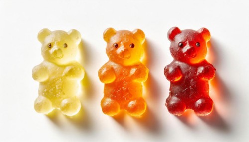 Colourful gummy bears lined up, the light makes their colours shine, gummy bears, AI generated, AI