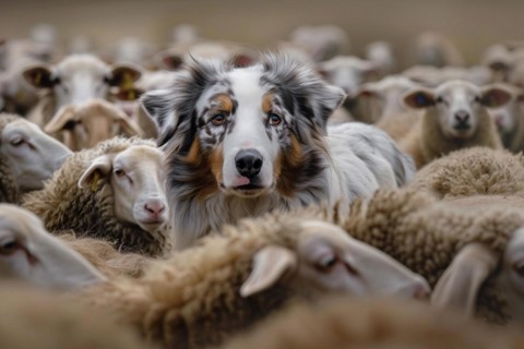 Australian Shepherd dog between flock of sheep. KI generiert, generiert, AI generated
