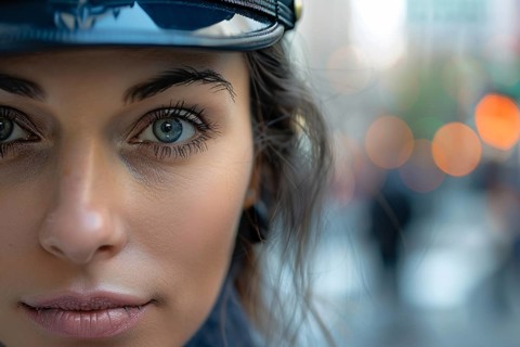 Close up of face of female police officer. KI generiert, generiert, AI generated