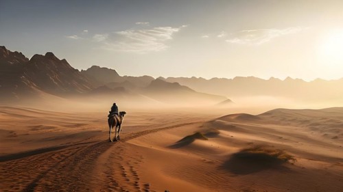 Lone camel rider traversing the rough gobi desert landscape, AI generated