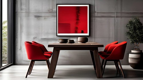 Minimalist modern interior showcasing a dining table with wooden chairs, AI generated