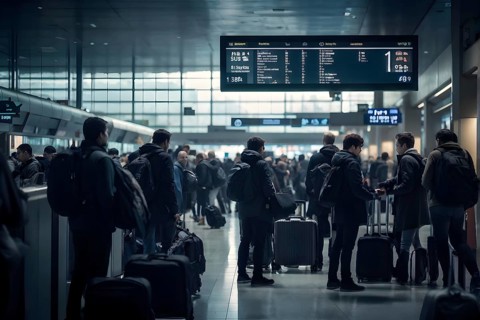 Airport gate with a crowd of waiting passengers, AI generated