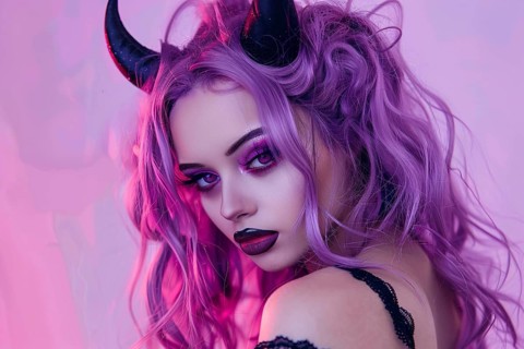 Young woman with Halloween costume devil horns and purple hair and makeup. Generative ai, AI