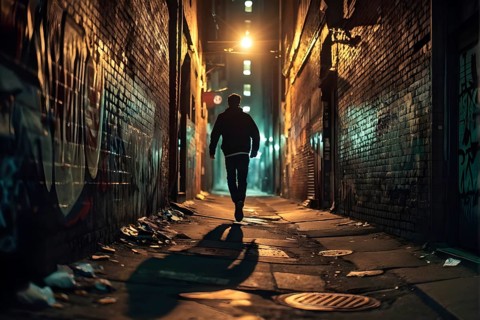 Man fleeing down a narrow dimly lit alleyway urban setting at nighttime, AI generated