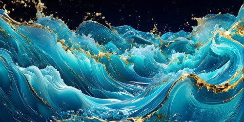 Digital art illustration of a liquid whirlpool swirling with cyan and golden tones, AI generated