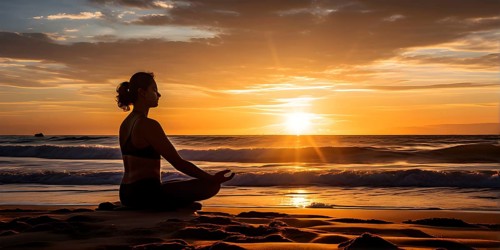 Early morning yoga session on a serene beach in sunrise, AI generated