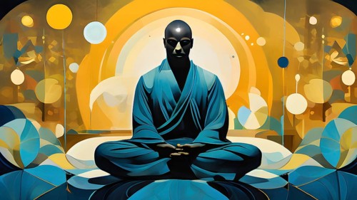 Abstract illustration of a tranquil figure in an asana yoga pose with fluid lines in soothing