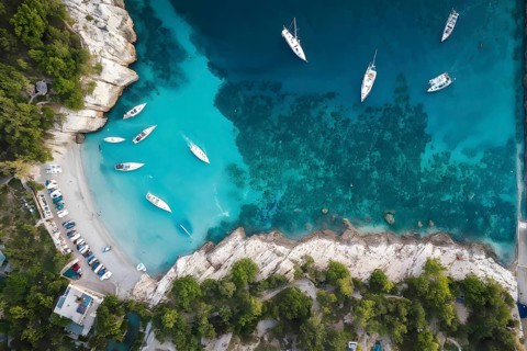 Aerial view of an idyllic harbor landscape with sailboats and yachts, AI generated