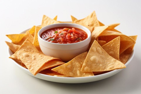 Tortilla chips with red dip on plate. KI generiert, generiert, AI generated