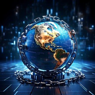 AI generated conceptual digital render showing a globe ensnared and locked by rusting steel chains