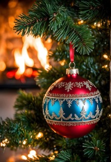 Christmas ornament hanging on a tree, with reflections of twinkling lights and fireplace flames