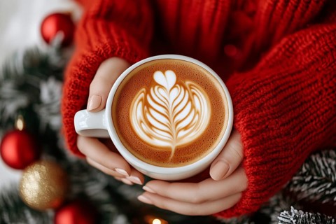 Woman hands holding coffee with latte art with blurry seasonal chiristmas decoration in background.