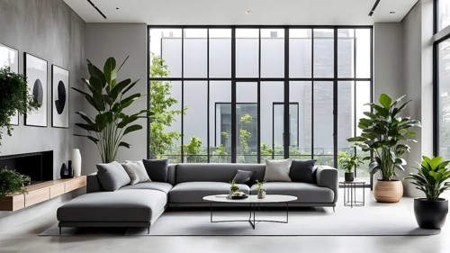 Render of a minimalist living room with clean lines and neutral tones, featuring a modern grey