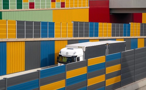 Colourful noise barriers on the A52 motorway, at the Essen-Rüttenscheid junction, the noise