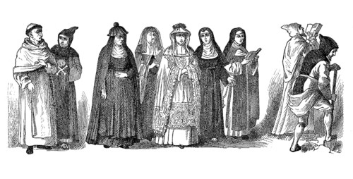 Religious costumes in 1880, from left: Augustinian, Fathers of Death, Beguine, Ursuline,