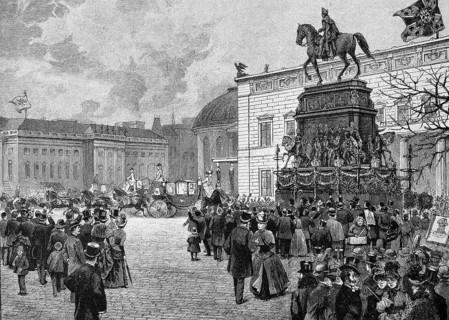Departure of the court carriages after congratulating the Emperor on his 90th birthday, Wilhelm I,