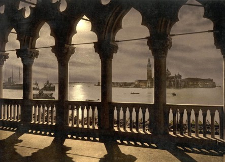 San Georgio from Doges' Palace by moonlight, Venice, Italy, Historic, digitally restored