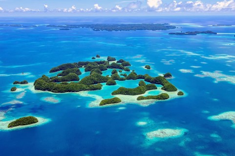 Aerial view of 70 Seventy Islands Rock Islands in island paradise island state Palau in the Pacific