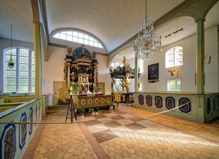 Prerow Seamen's Church with altar and baptistery, oldest church on the Darß, interior view, Prerow,