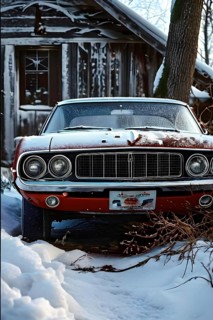 Classic 1960s muscle car, half-buried in snow in a forgotten backyard creating a sense of nostalgia