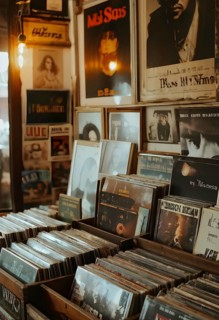 Vintage record store with dusty vinyl albums in wooden crates, old band posters on the walls, and