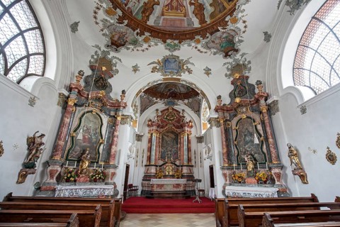 Church, baroque basilica St. Mang, interior view, side altar, Füssen, Ostallgäu, Bavaria Germany