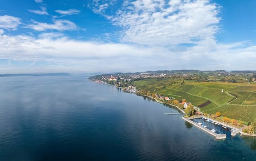 Aerial view of the marina and jetty at the historic Rebgut Haltnau with catering business, outdoor