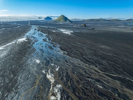 Aerial view, Mælifell mountain covered with moss, Maelifell, black sand desert Mælifellssandur,