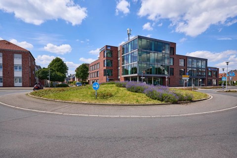 Roundabout with main branch Haltern of Volksbank Westmünsterland eG in Haltern am See, Ruhr area,