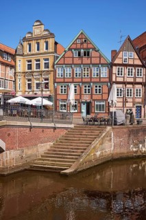 Stairway to the river Schwinge as well as half-timbered houses and gabled houses in the old