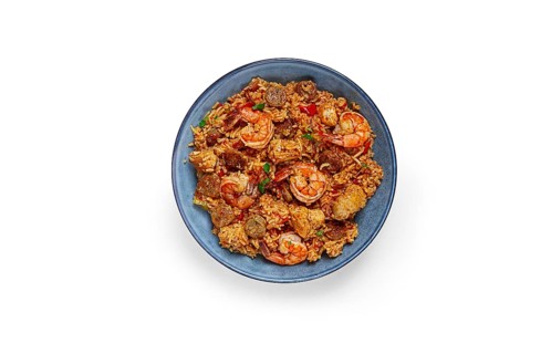 Jambalaya, Creole dish, American pilaf, rice with chicken and shrimp, vegetables, homemade, no