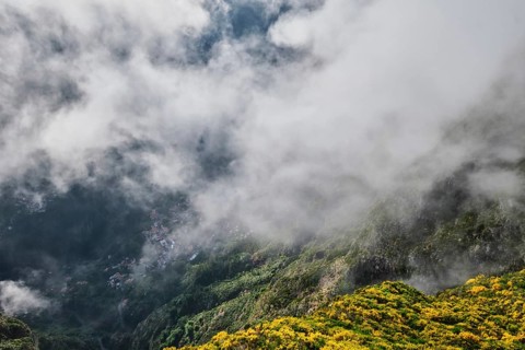 Aerial drone view of Curral das Freiras village from Miradouros do Paredao with blooming yellow