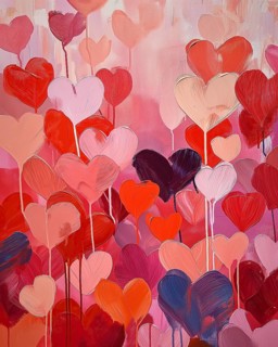 A vibrant abstract painting featuring various shades of red and pink hearts against a soft textured
