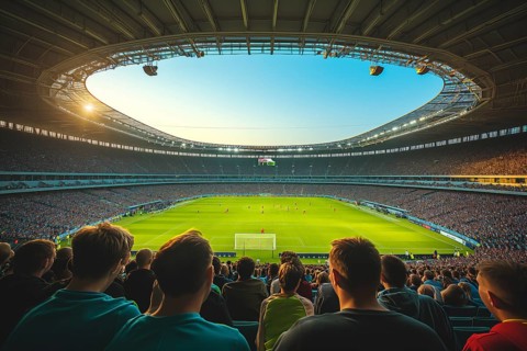 A soccer field with a large crowd of people spectators fans watching the game view. The stadium is