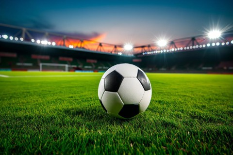 A soccer ball on a green field in soccer football stadium in evening with floodlights lights, AI