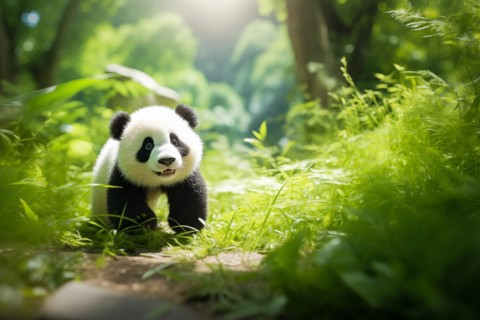 Cute panda cub in a lush bamboo grove, The image showcases the beauty and serenity of nature and