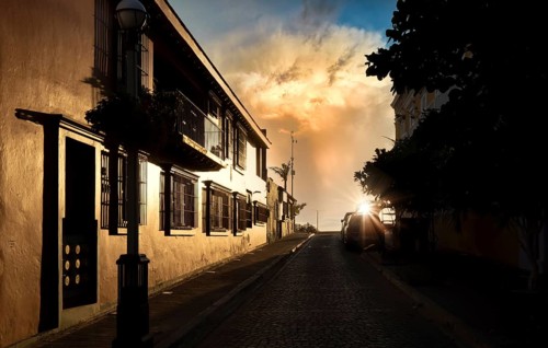 Mexico, Mazatlan, Colorful old city streets in historic city center near El Malecon and ocean